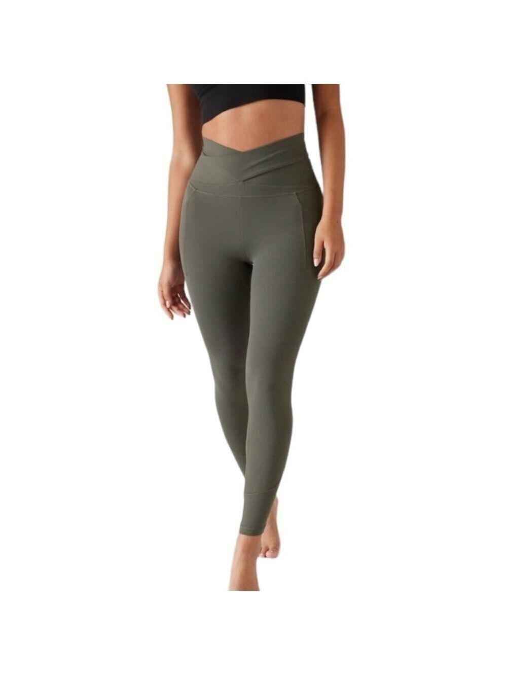 Athleta Salutation Stash Wrap Tight leggings cutouts pockets Hematite Grey Sz LP
